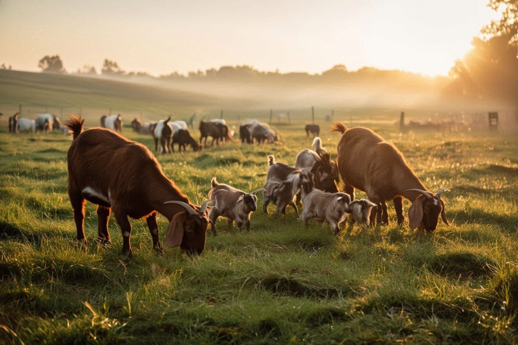 Goats in a misty green pasture at golden hour, Crescent, Oklahoma